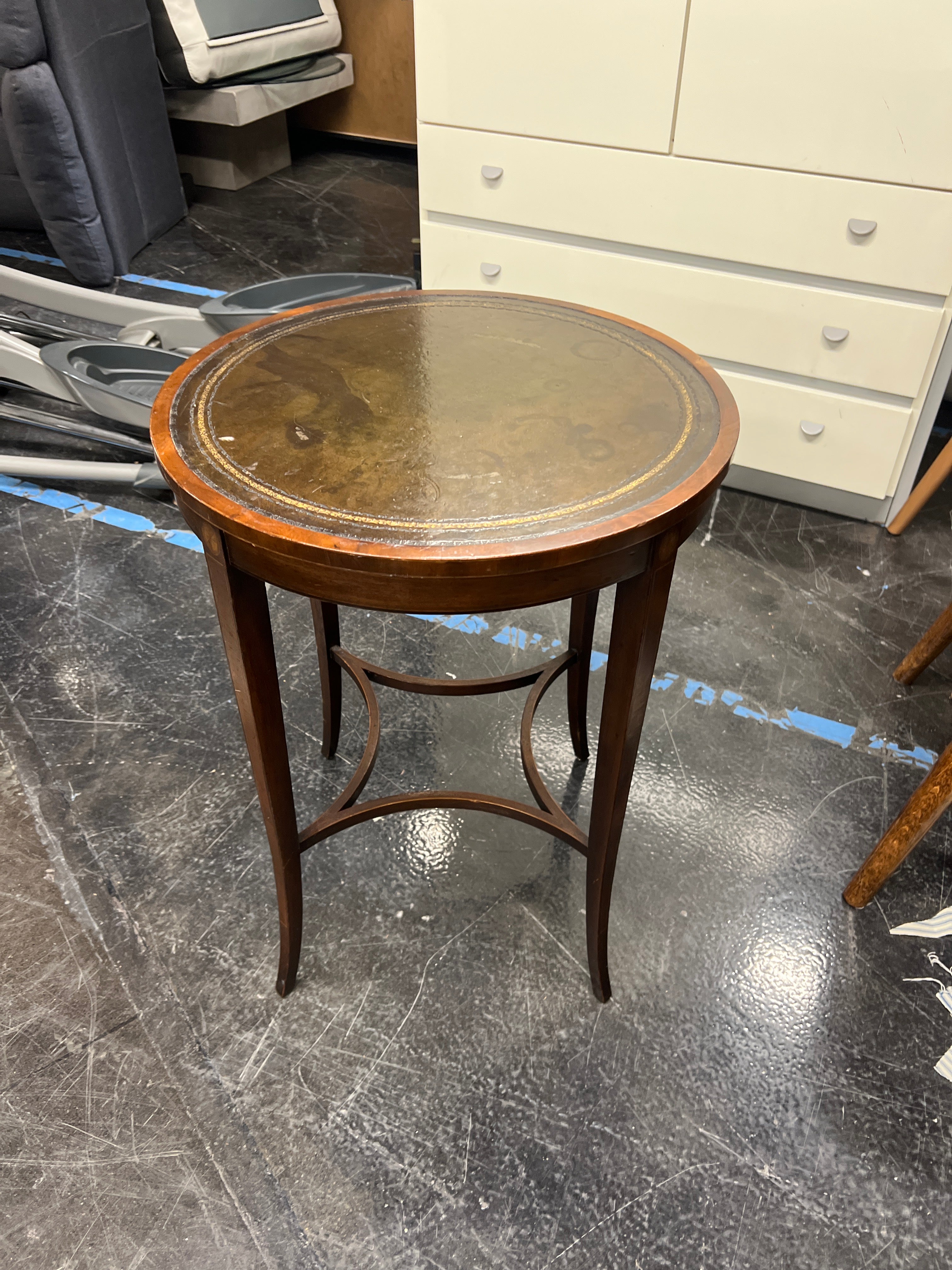 Round Wood End Table with Leather Top