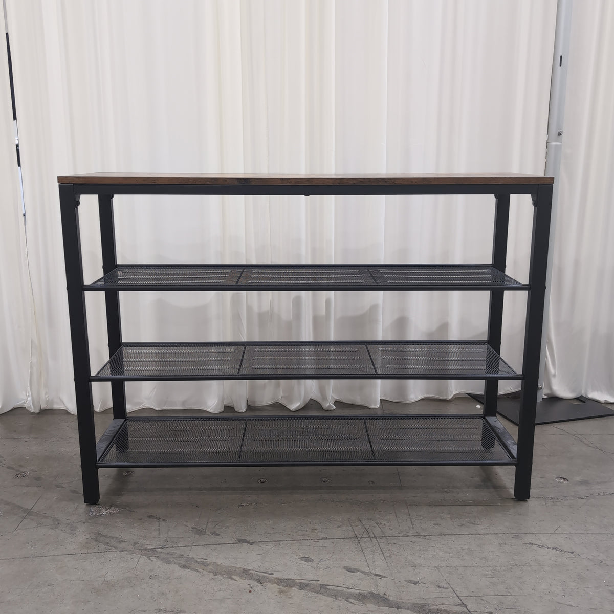 Industrial Brown Wood-Look Console Table with Mesh Shelves