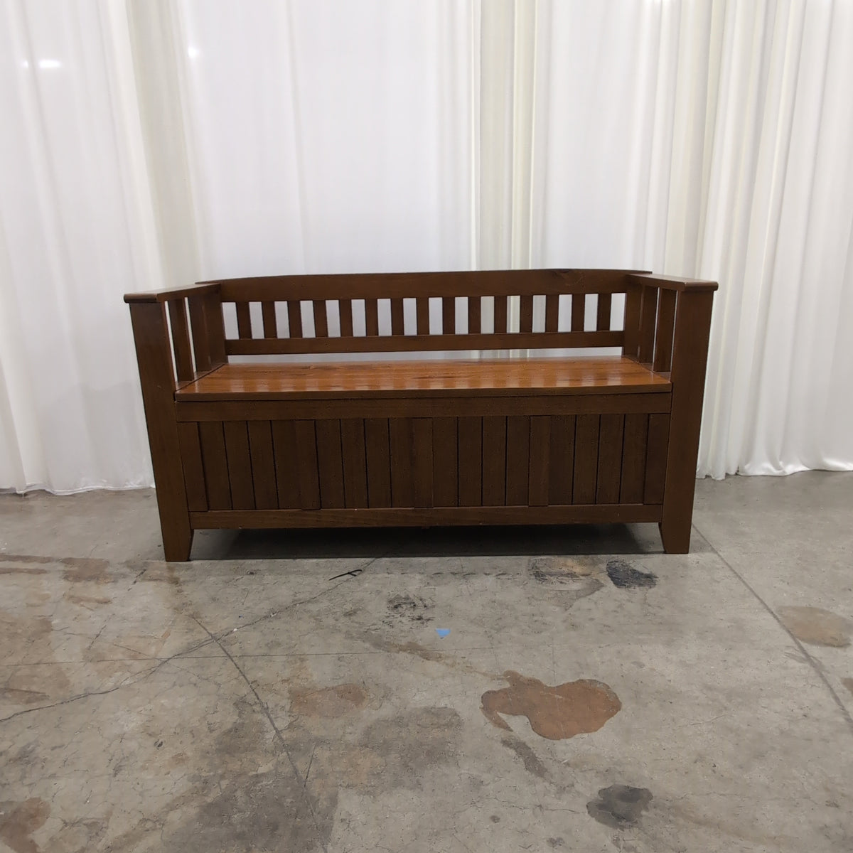 Medium Brown Wood Storage Bench with Slatted Back
