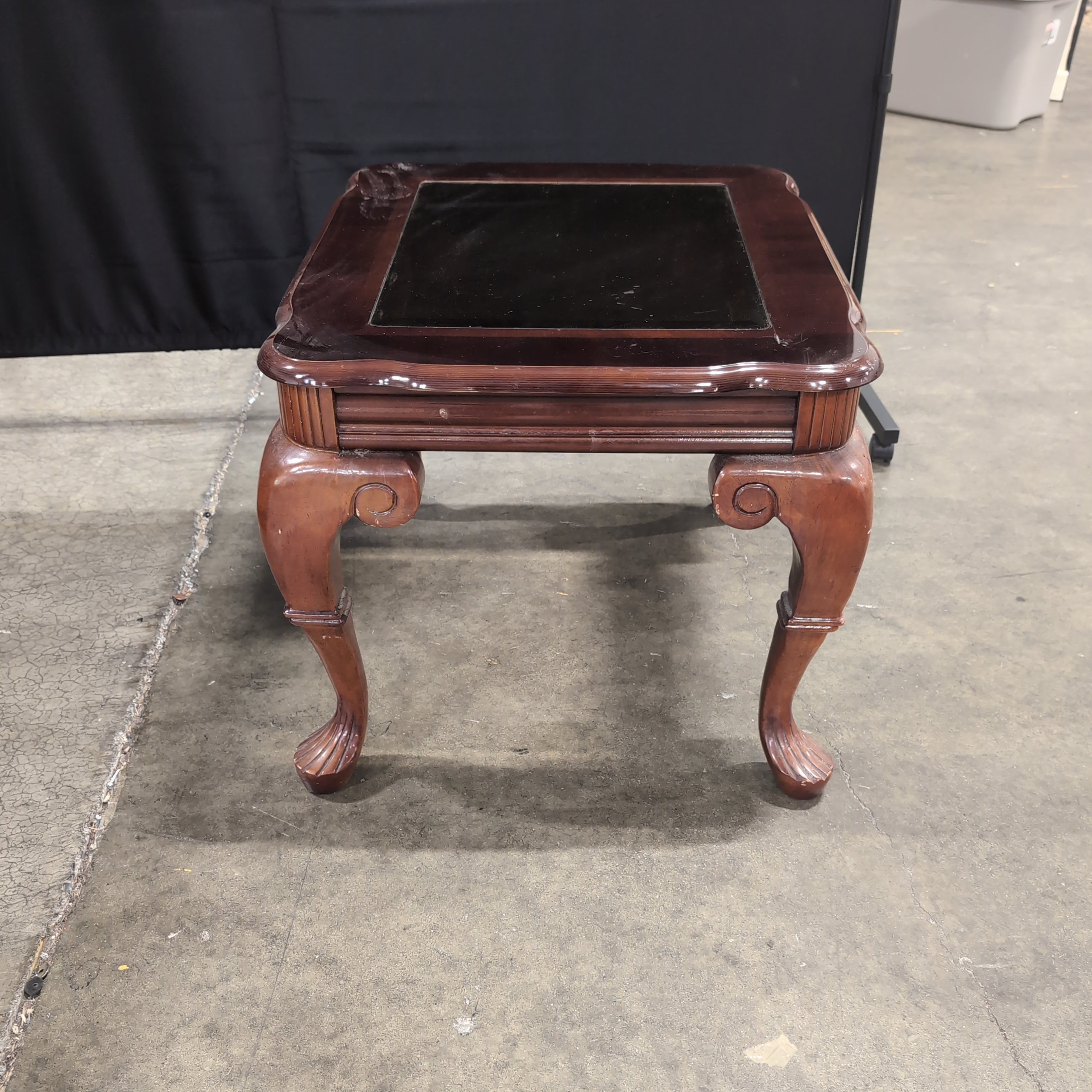 Dark Wood Traditional Square End Table with Glass Top