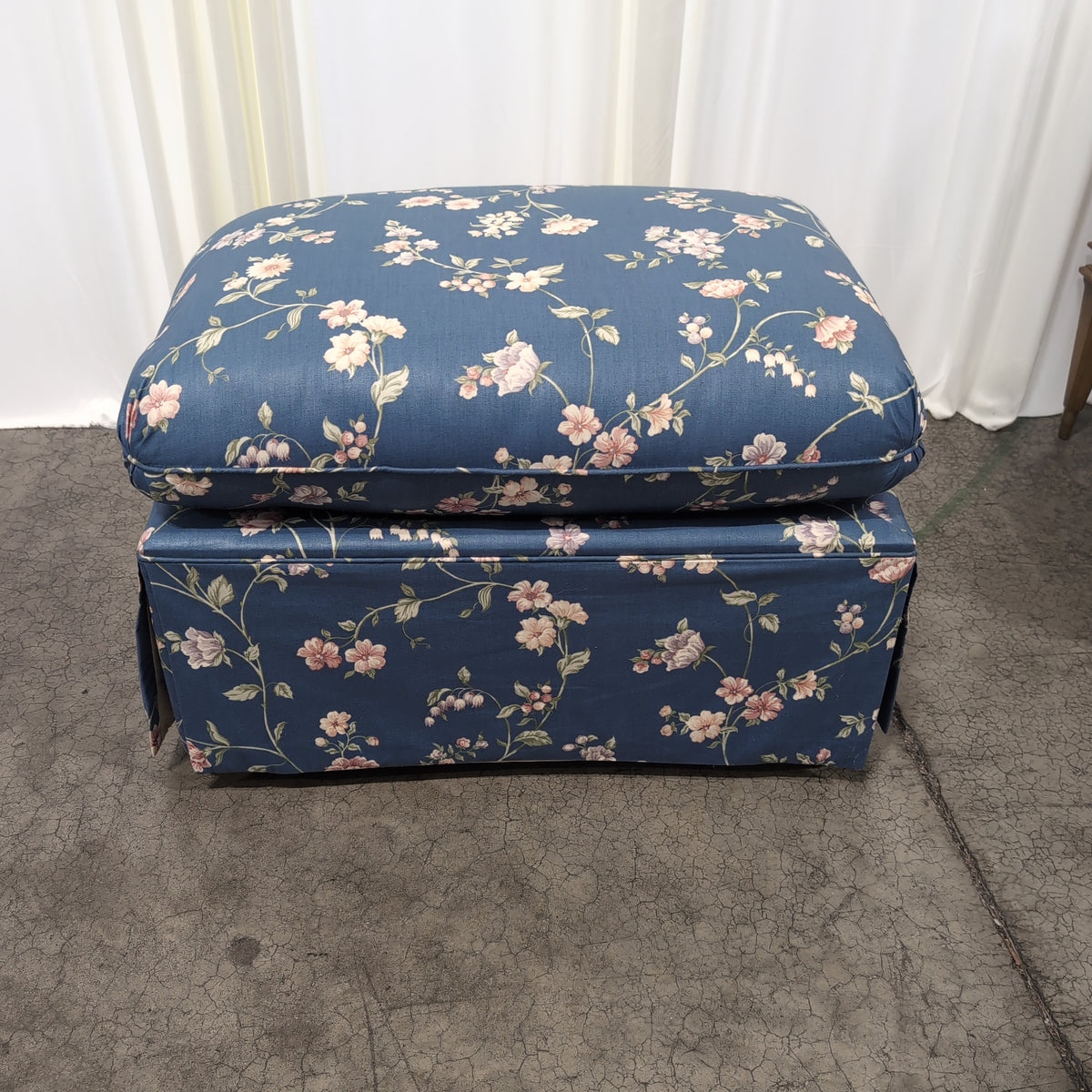 Blue Floral Fabric Ottoman with Skirted Base