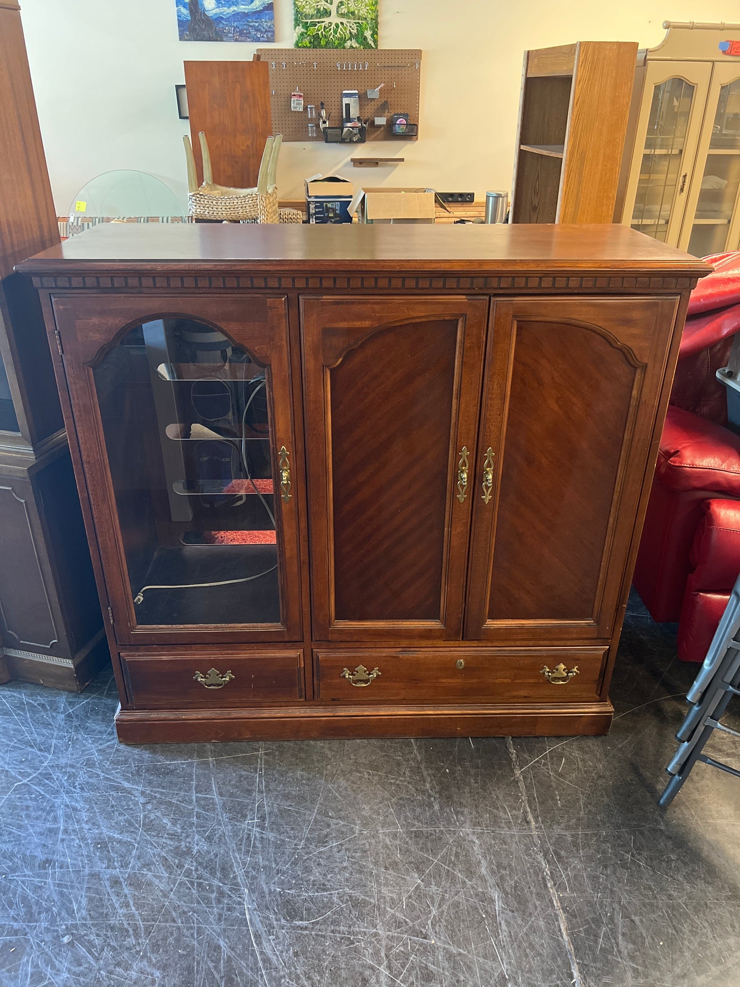 Traditional Cherry Wood Entertainment Armoire with Glass Panel Door