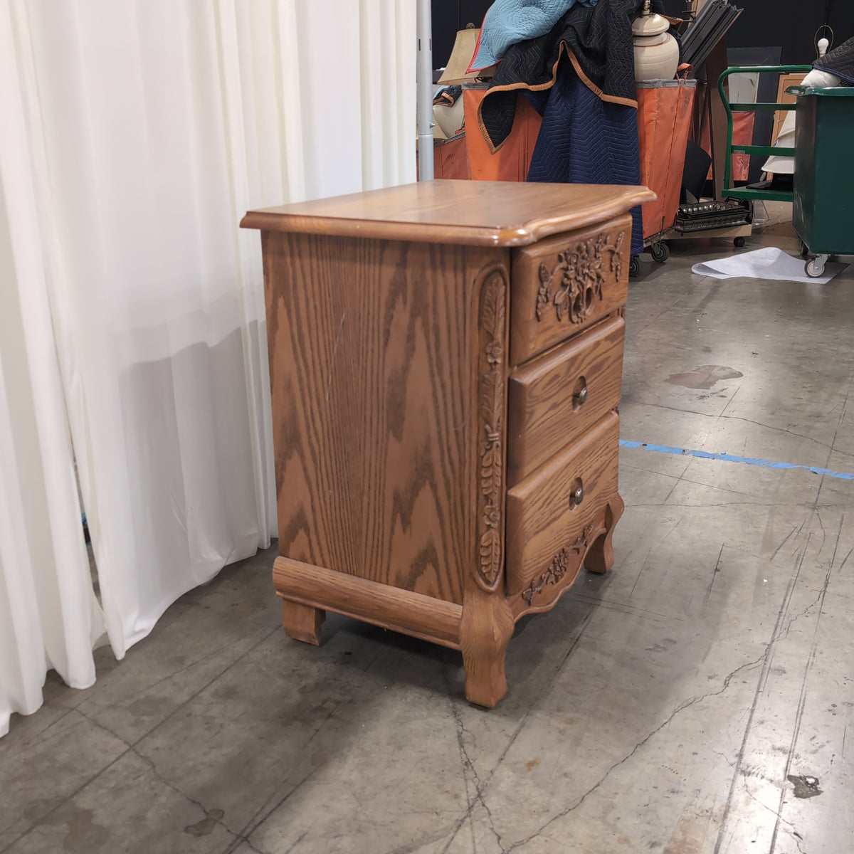 A-AMERICA Ornate Carved Oak Three-Drawer Nightstand