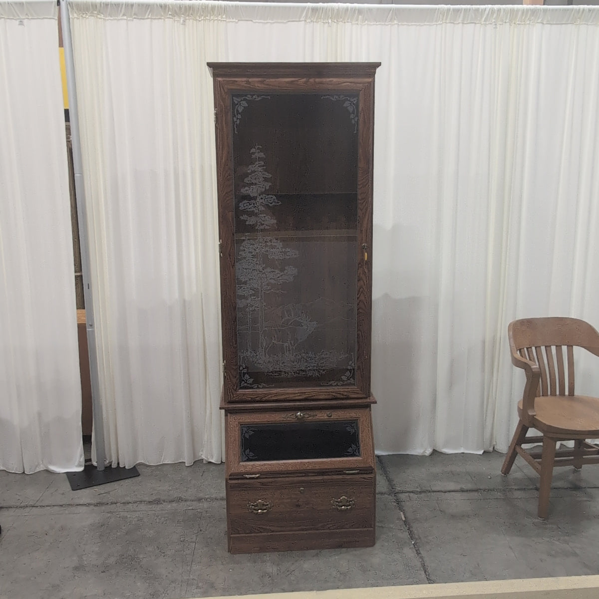 Dark Brown Wood China Cabinet with Etched Wildlife Glass