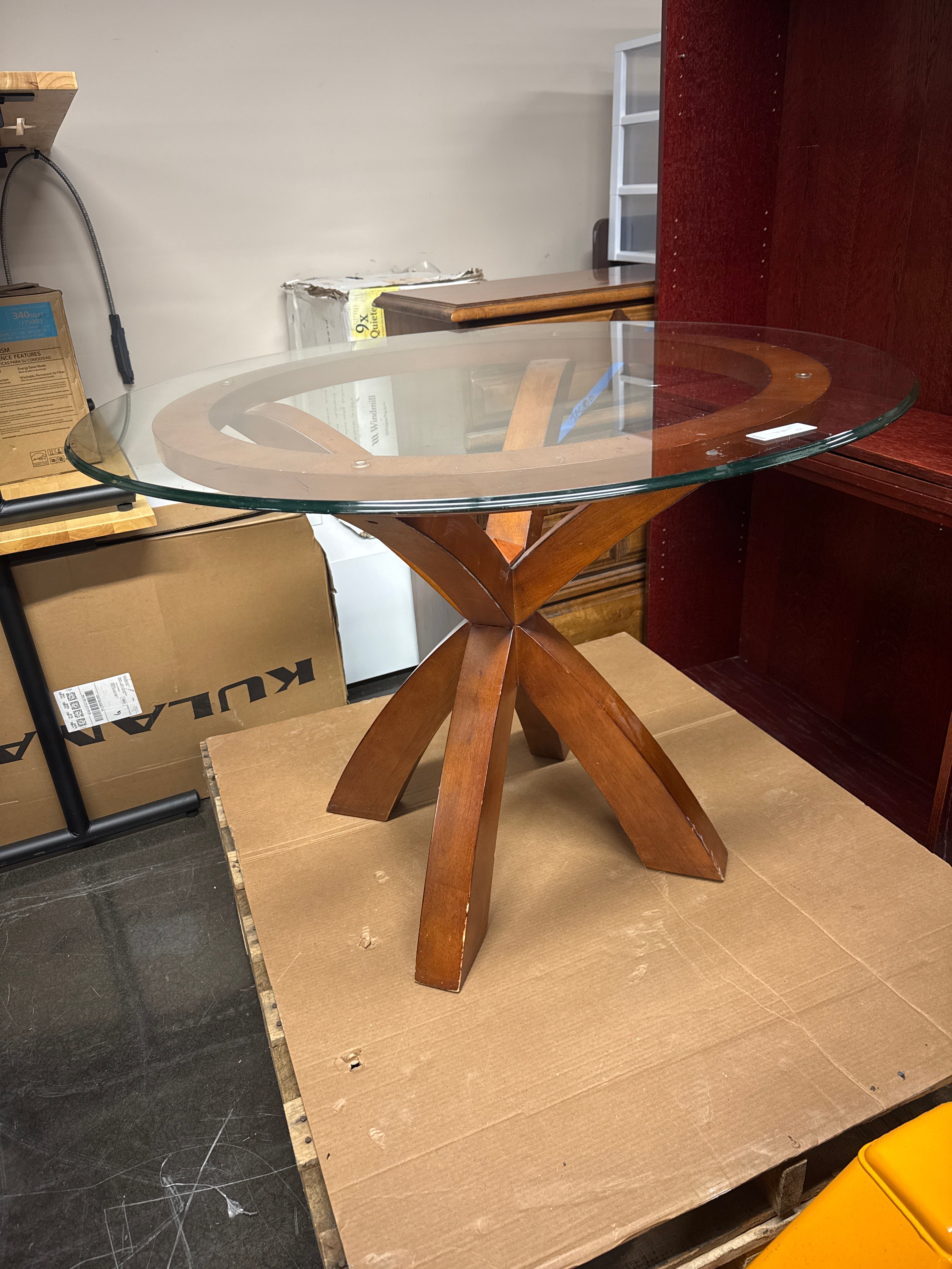 Round Glass Top Dining Table with Wood X-Base
