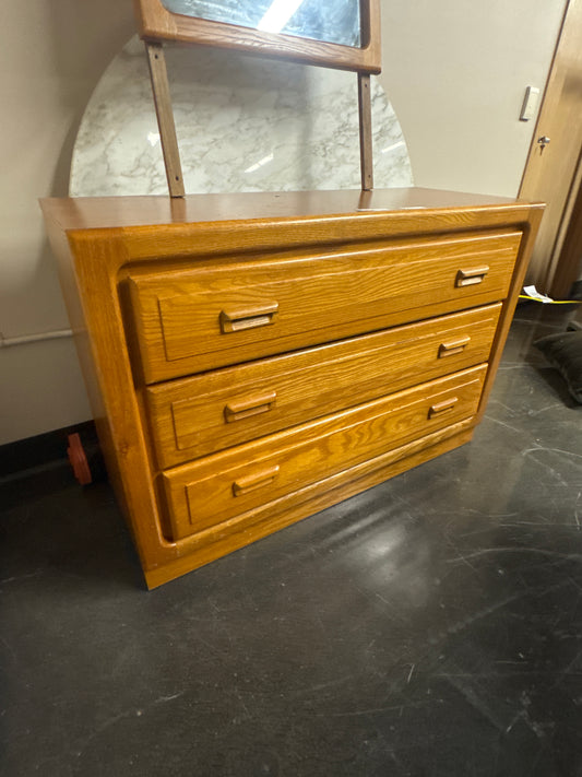 Oak Wood Three-Drawer Dresser with Mirror