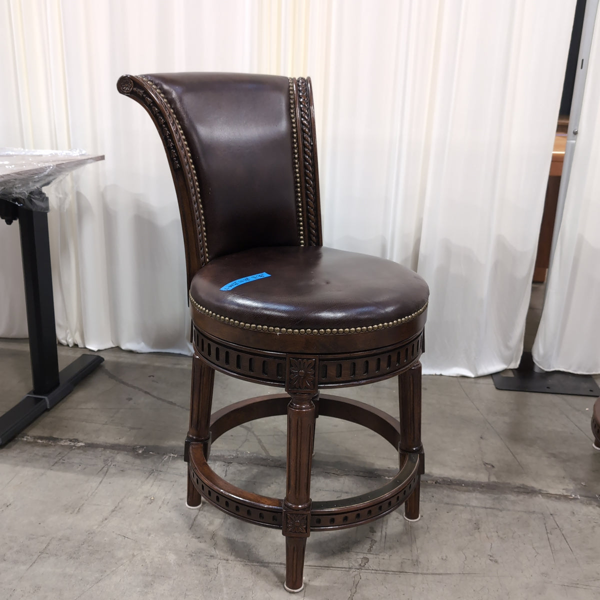 Pair of Dark Brown Upholstered Swivel Bar Stool with Nailhead Trim
