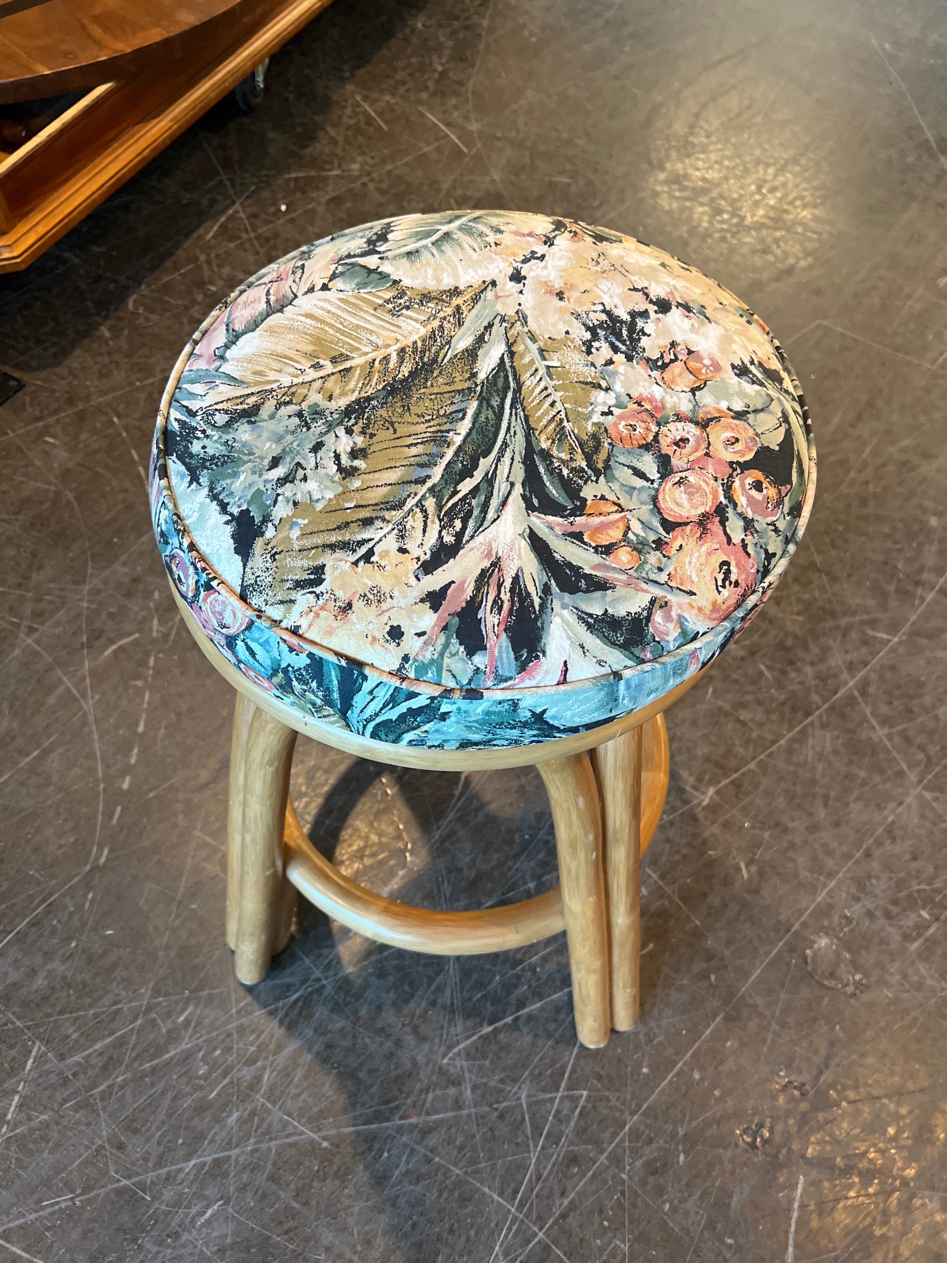 Rattan Bar Stool with Tropical Floral Cushion