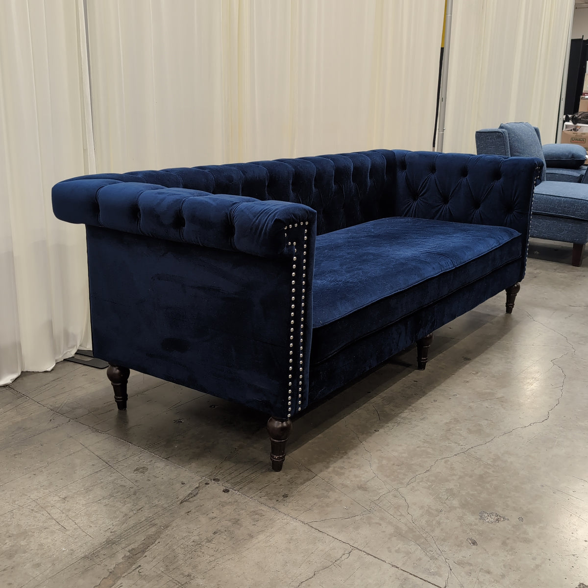 Deep Blue Tufted Velvet Couch with Nailhead Trim