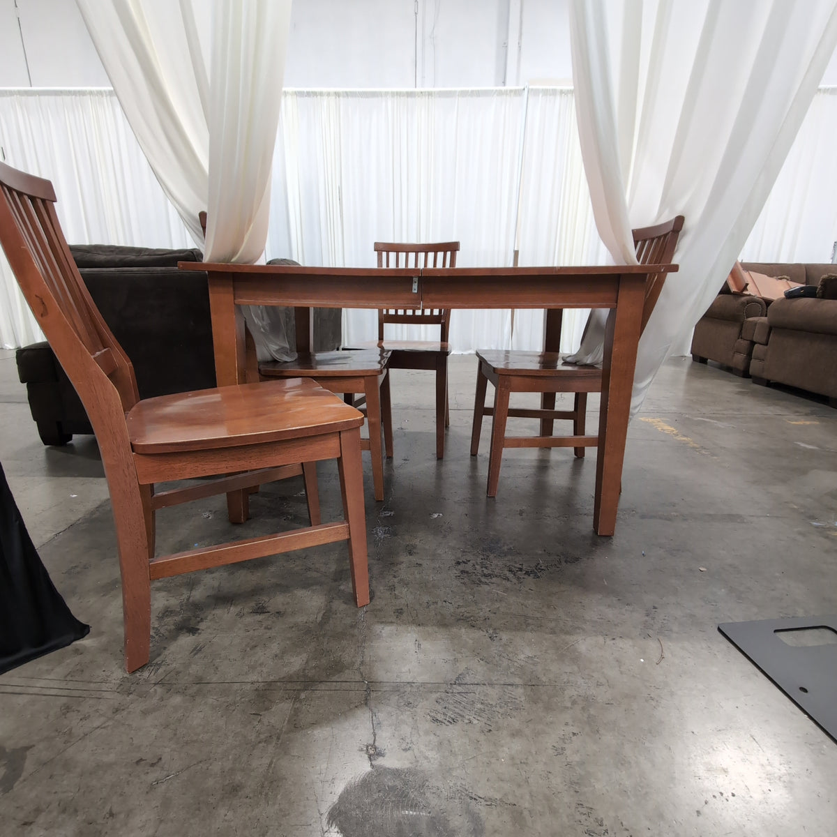 Brown Wood Dining Table and Four Chairs with Slatted Back Chairs