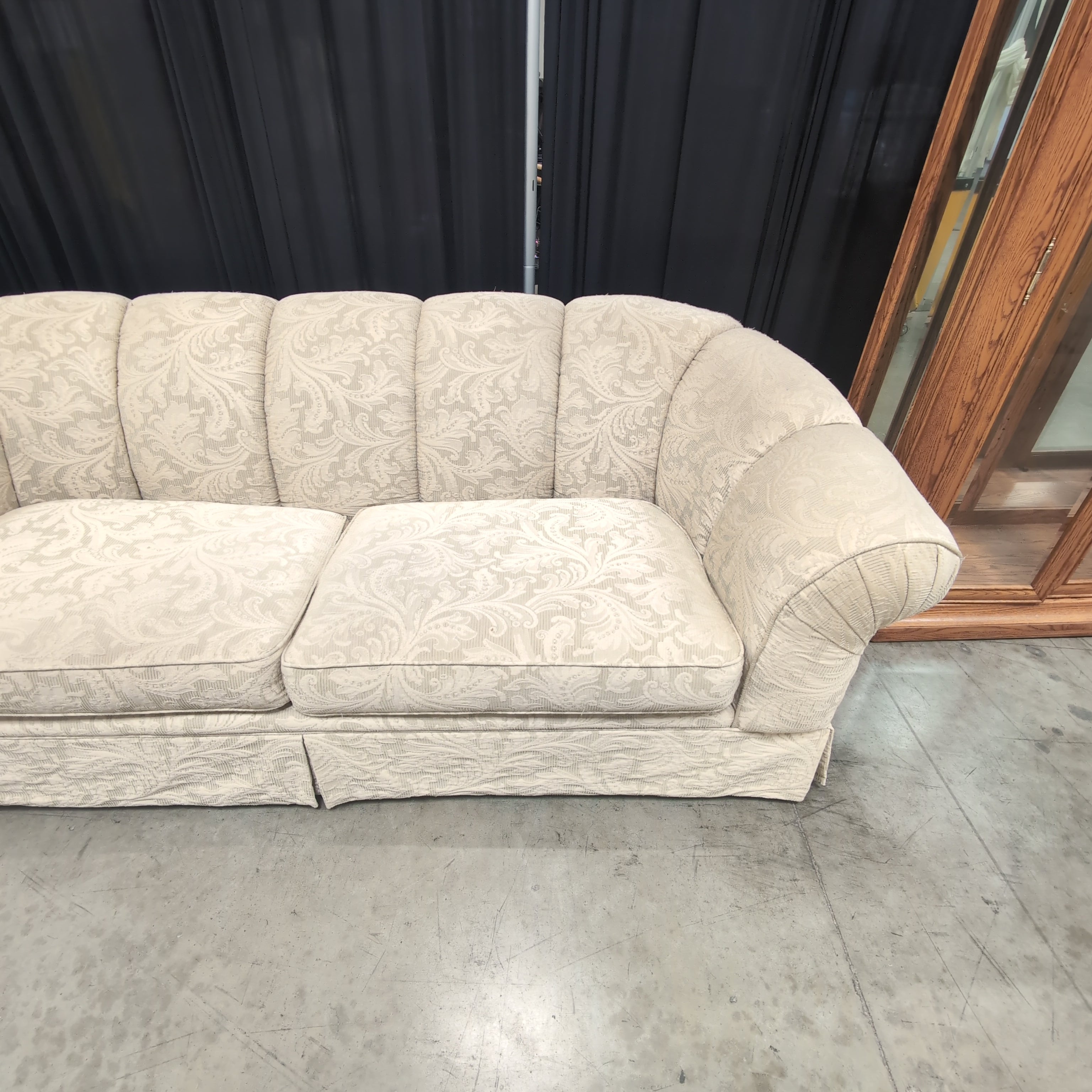 Traditional Beige Patterned Couch with Rolled Arms