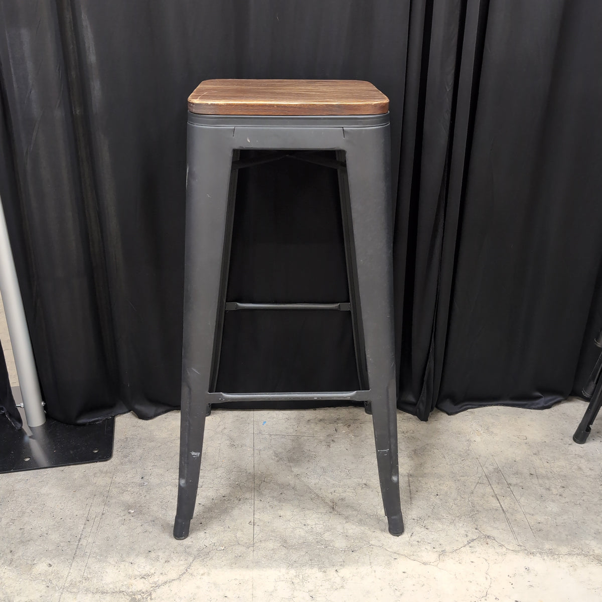 Industrial Dark Gray Metal Stool with Wood Top