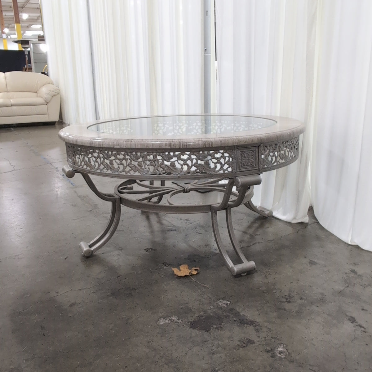Silver-Toned Ornate Round Coffee Table with Glass Top