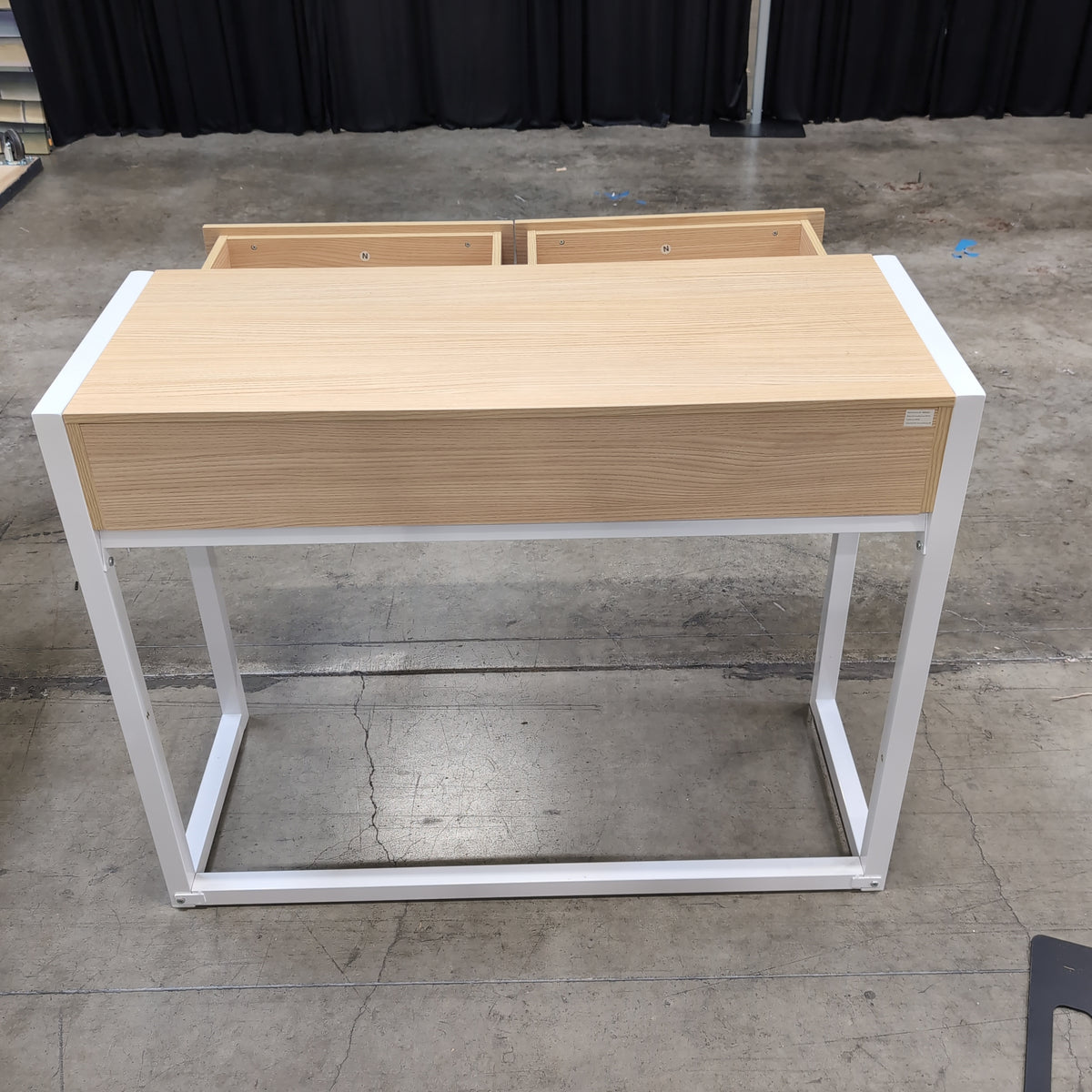 Light Wood Two-Drawer Desk with White Metal Frame
