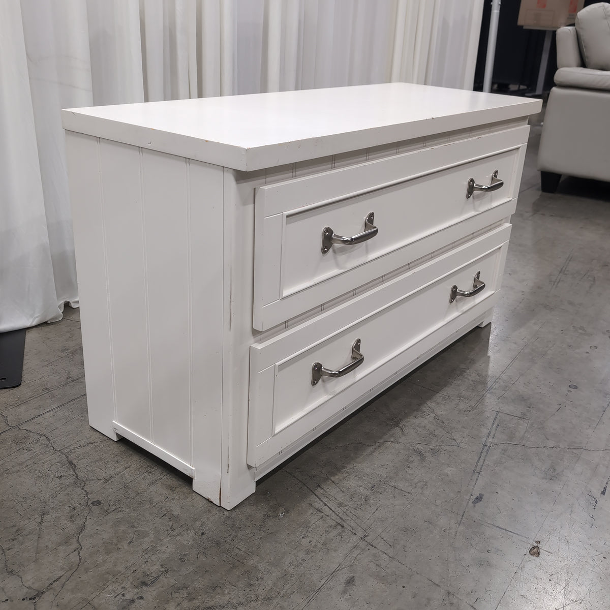White Two-Drawer Nightstand with Metal Pulls
