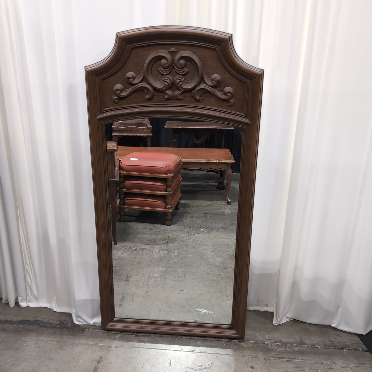 Traditional Brown Wood Mirror with Carved Top