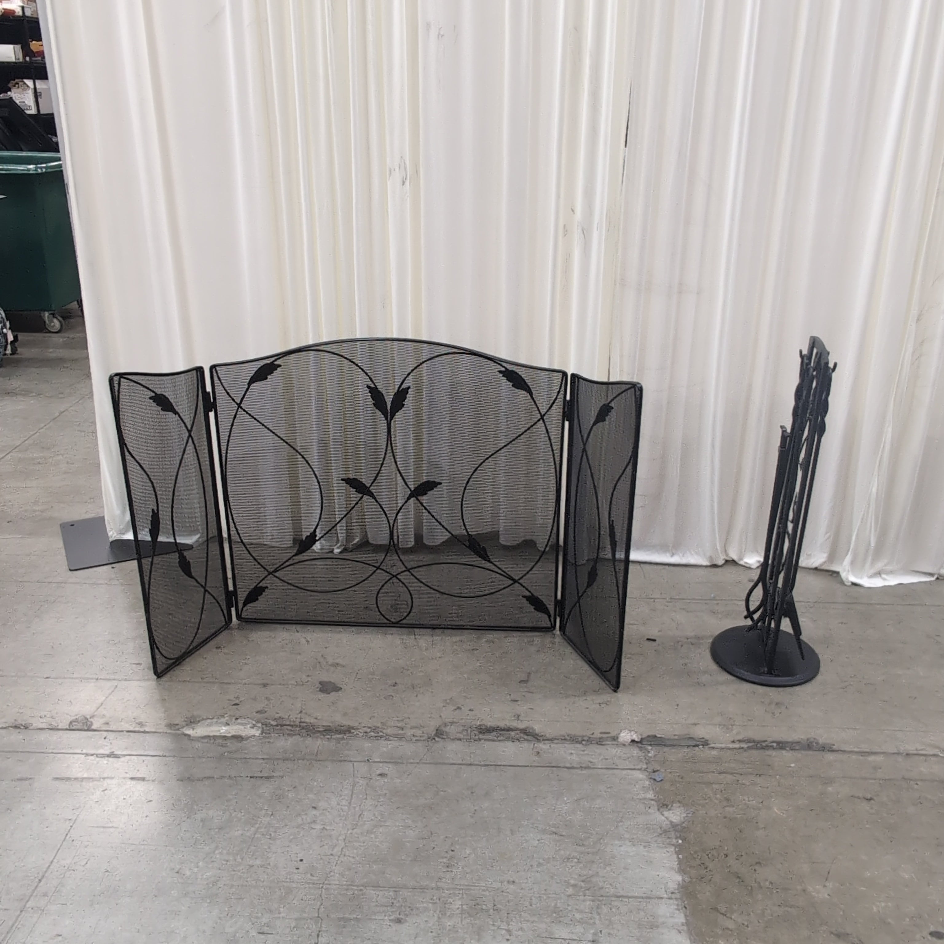 Black Iron Fireplace Screen and Tool Stand Set