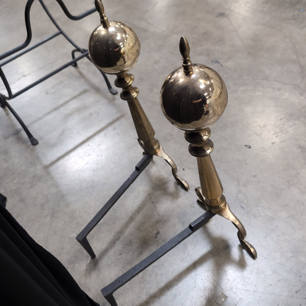 Pair of vintage polished brass cannonball Log Supports