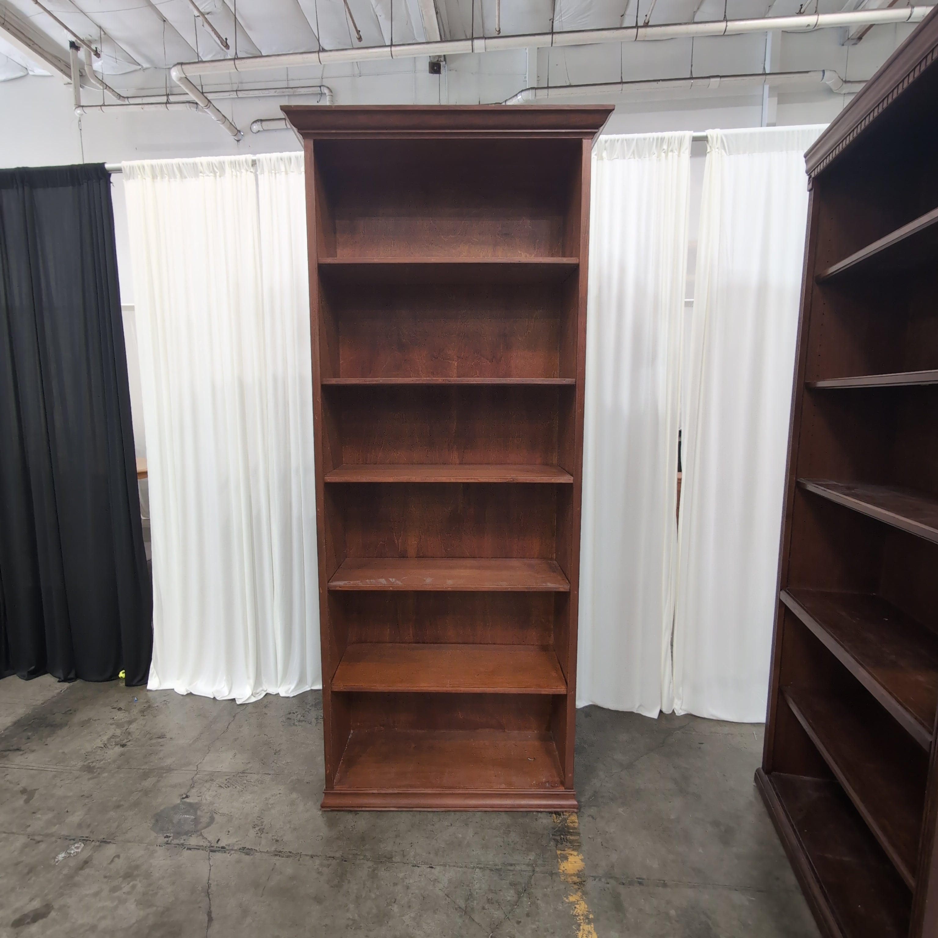 Brown Wood Five-Shelf Bookcase with Crown Molding
