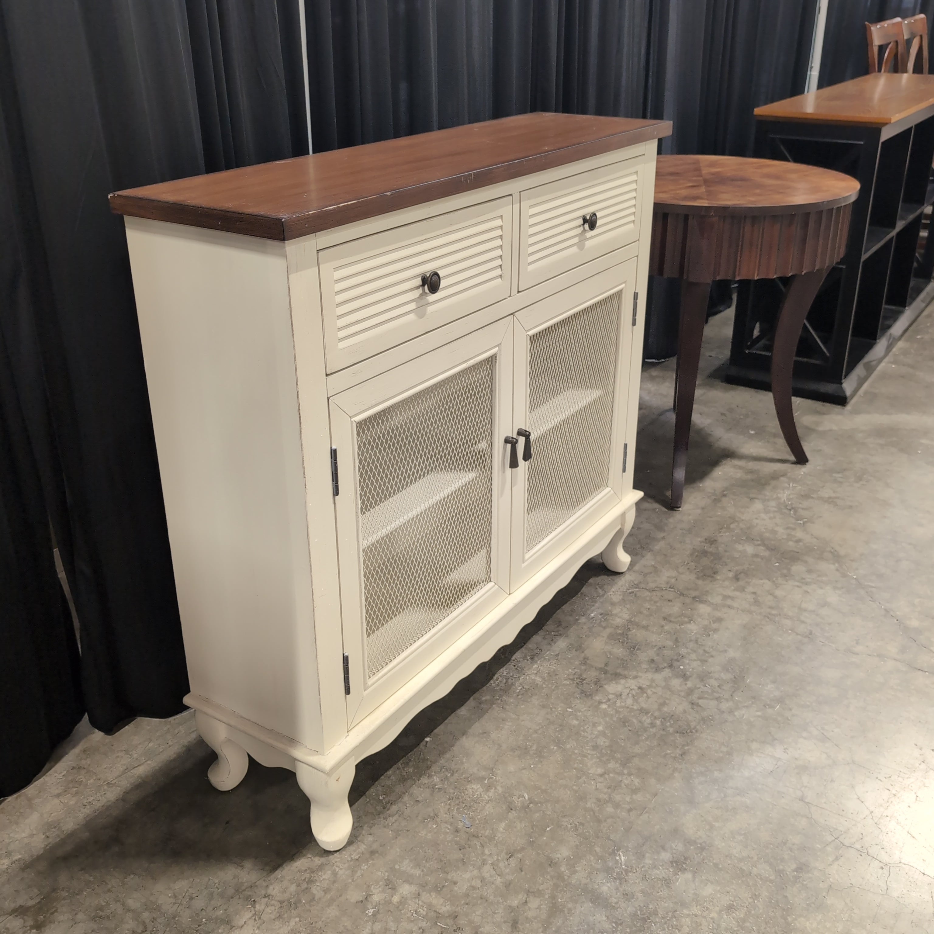 Two-Tone Cream and Brown Wood Buffet with Mesh Doors