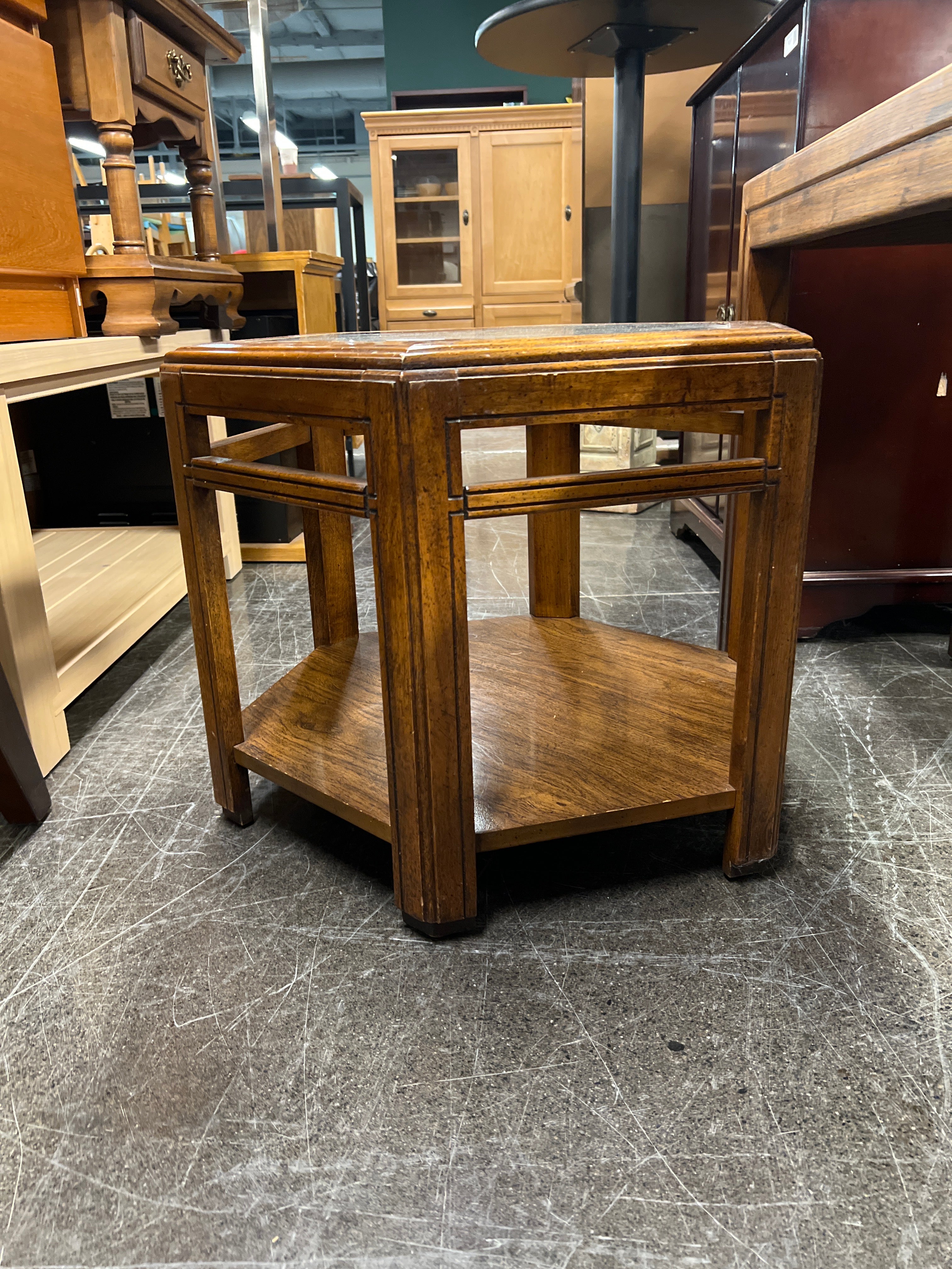 Mid-Century Modern Hexagonal Wood End Table with Glass Top