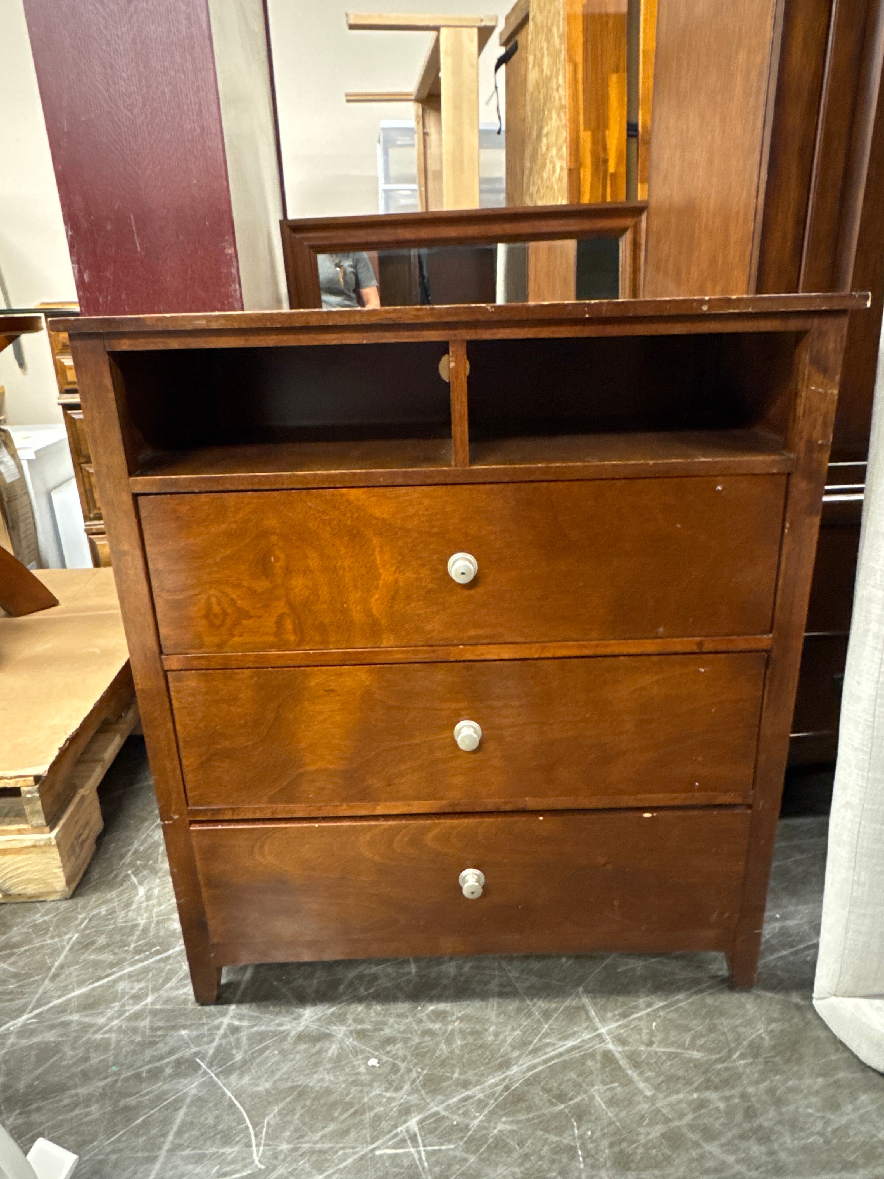 Rich Hardwood Three-Drawer Chest with Media Shelf