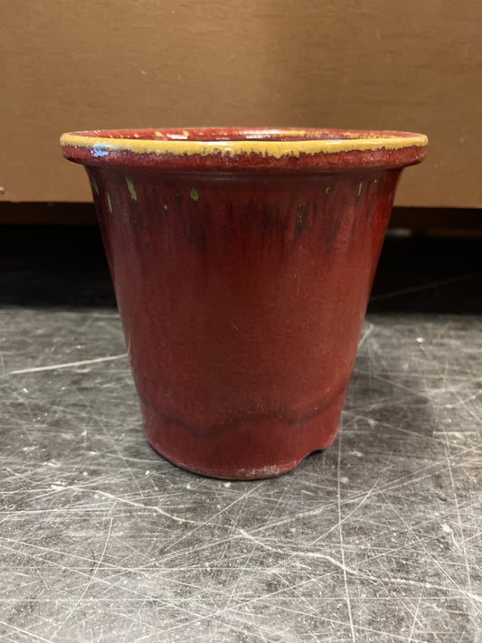 Small Burgundy Ceramic Planter with Yellow Rim