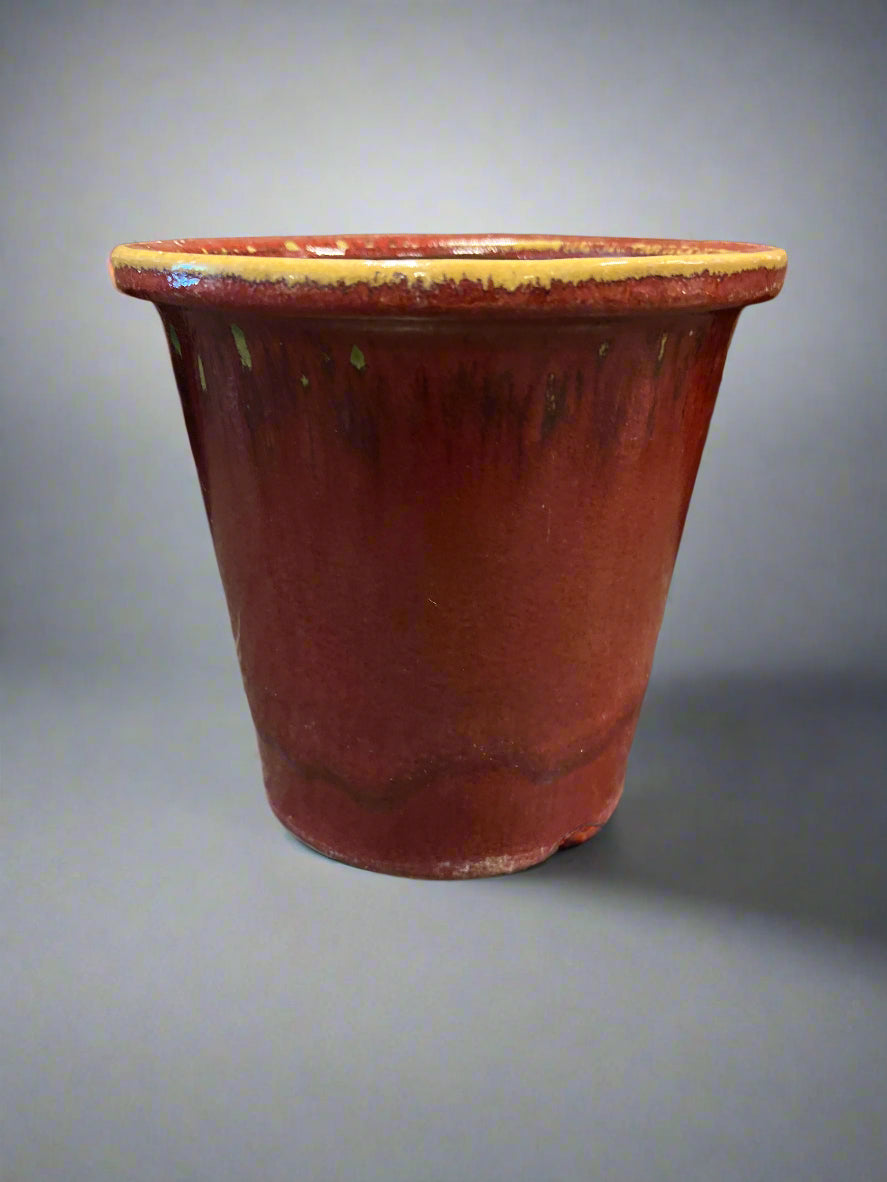 Small Burgundy Ceramic Planter with Yellow Rim