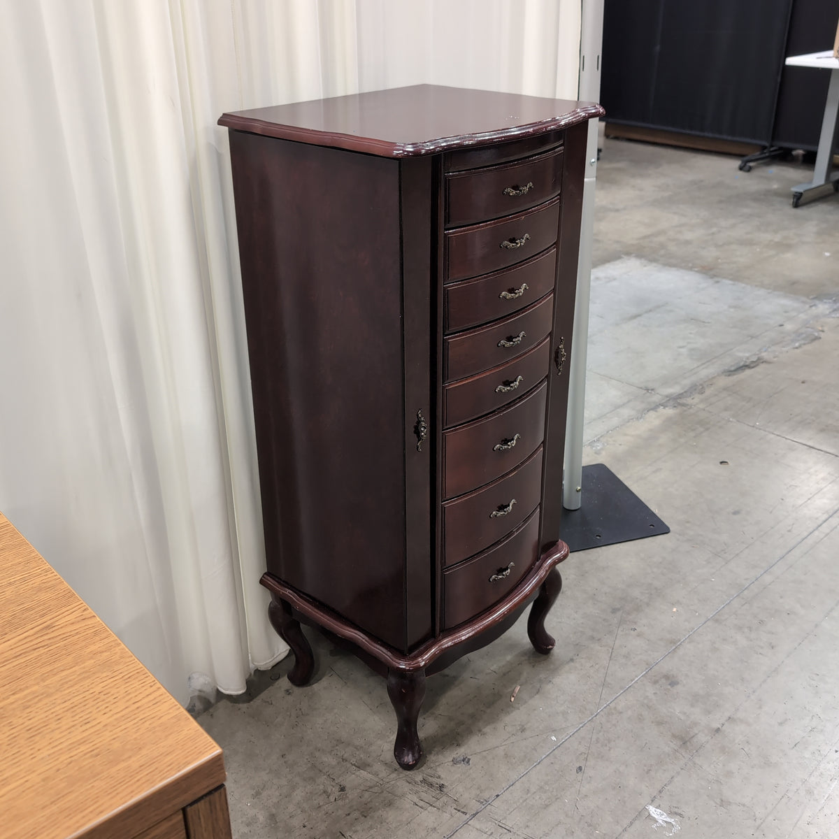 Traditional Dark Cherry Wood Jewelry Armoire with Ornate Hardware