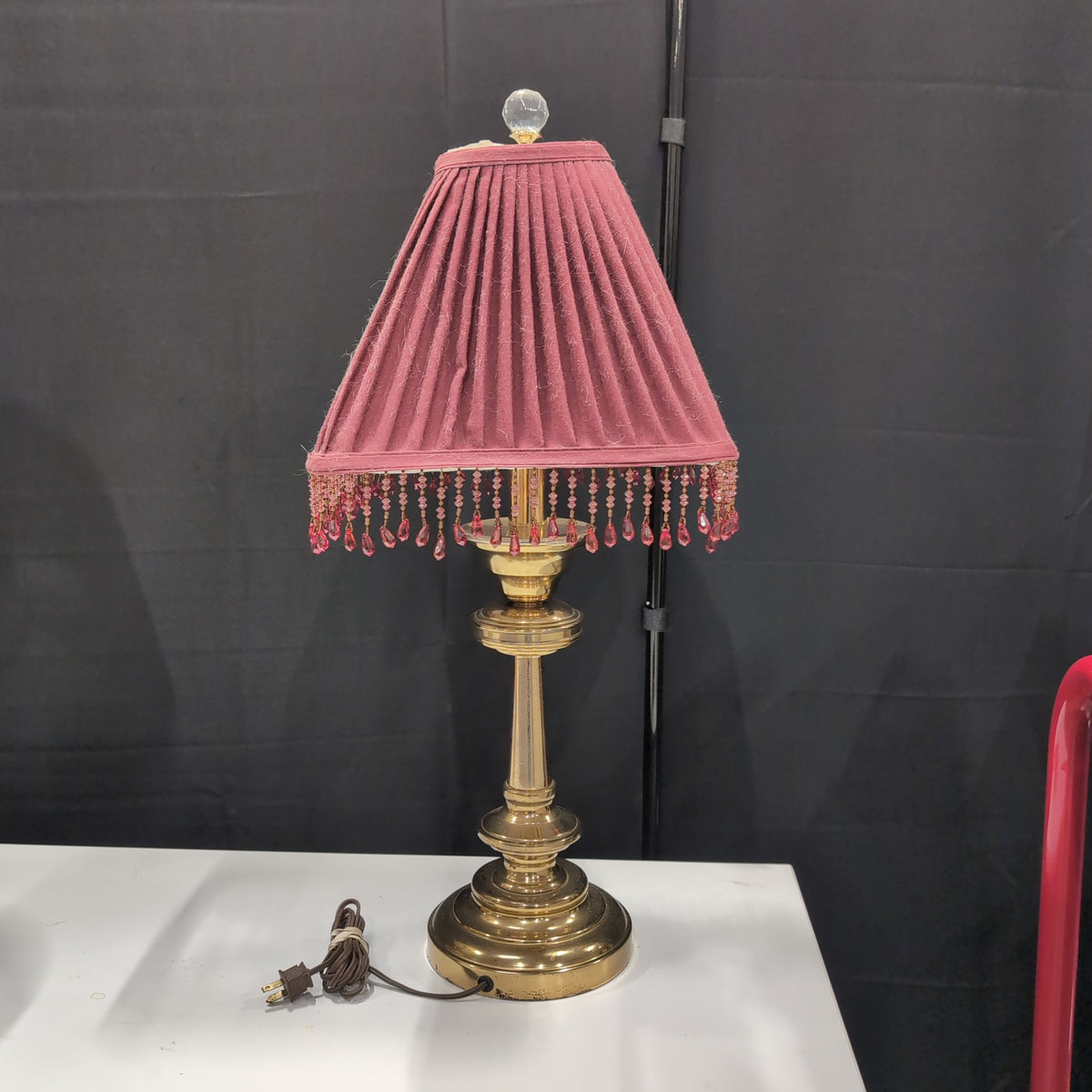 Ornate Brass Table Lamp with Pleated Burgundy Shade