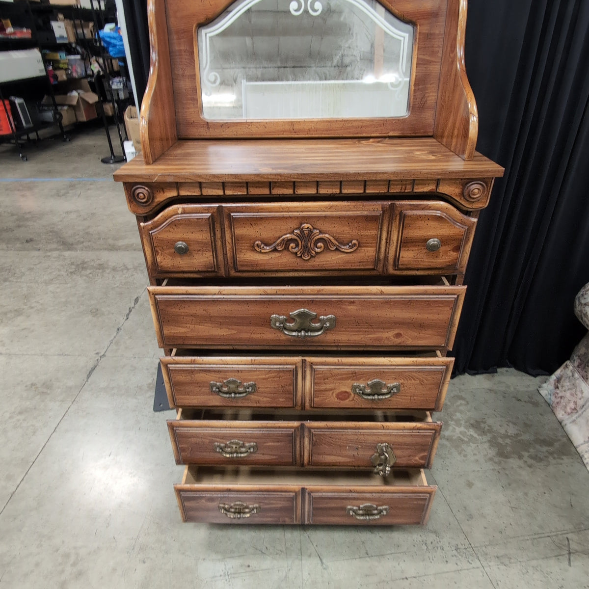 French Provincial Style Wood Dresser with Decorative Mirror