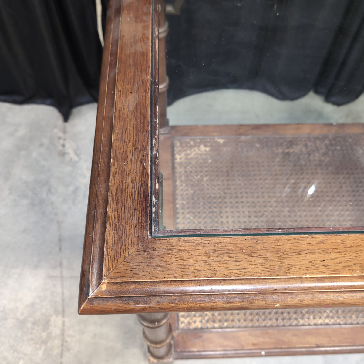 Chinoiserie Style Wood End Table with Cane Shelf