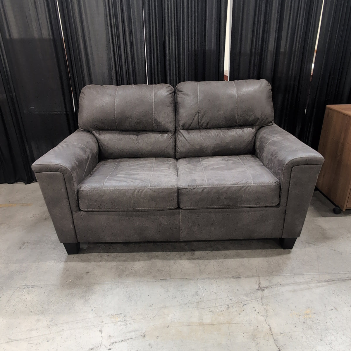 Dark Grey Distressed Faux Leather Loveseat with Contrast Stitching