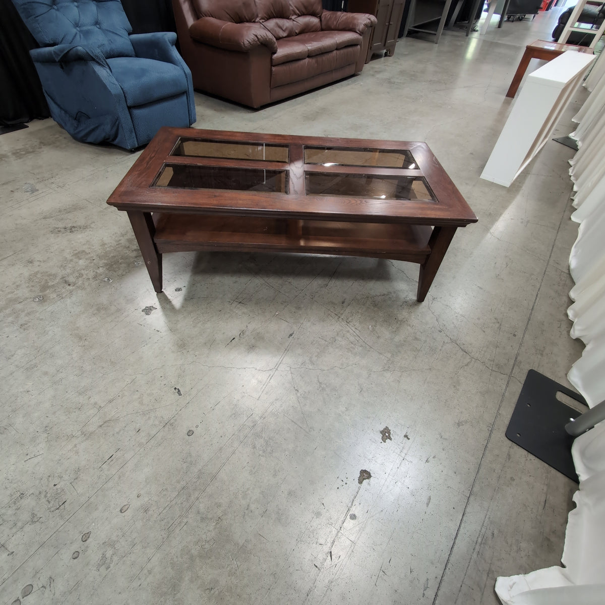 Dark Stained Wood Coffee Table with Glass Insert
