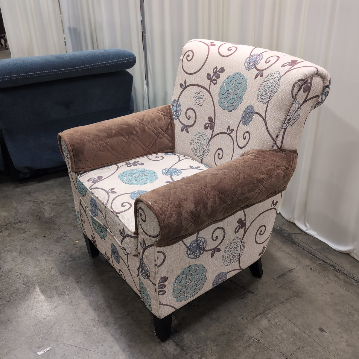 Cream and Blue Floral Pattern Armchair with Arm Covers