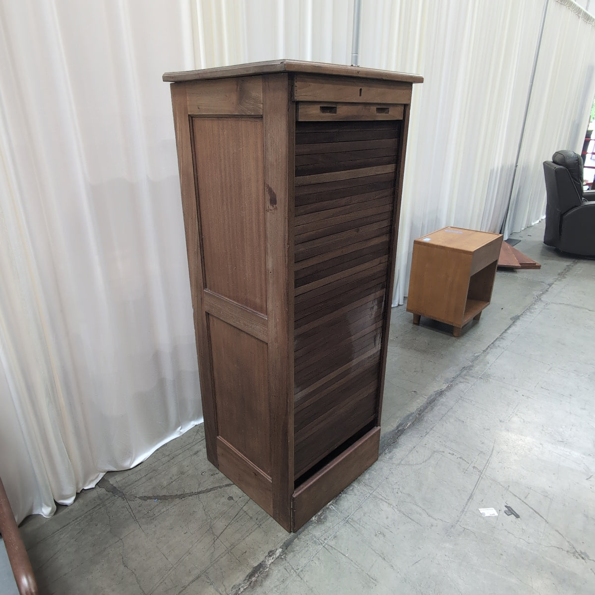 Medium Brown Wood Roll-Top Cabinet with Single Drawer