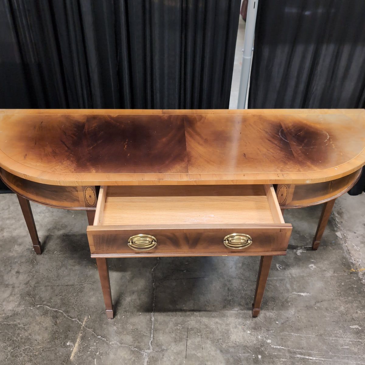 Semicircular Dark Wood Console Table with Brass Hardware