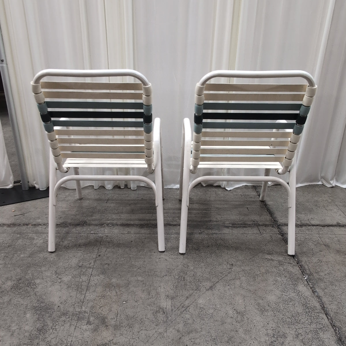 Vintage Cream Metal Patio Chair with Blue Straps