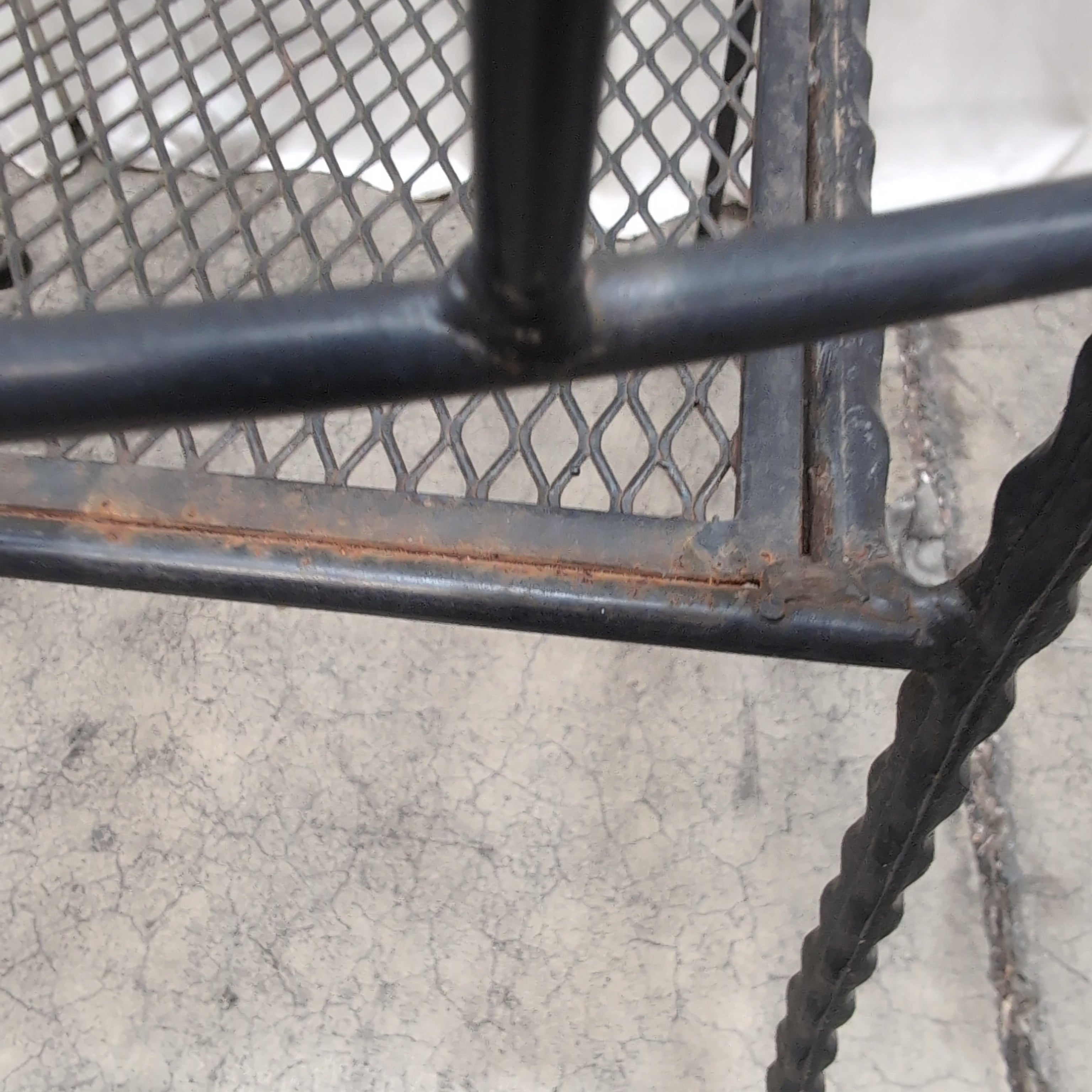 Set of Three Black Scrolled Metal Outdoor Chairs with Gray Cushions