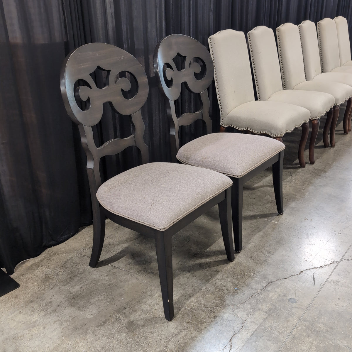 Pair of Dark Wood Ornate Back Dining Chairs with Upholstered Seats