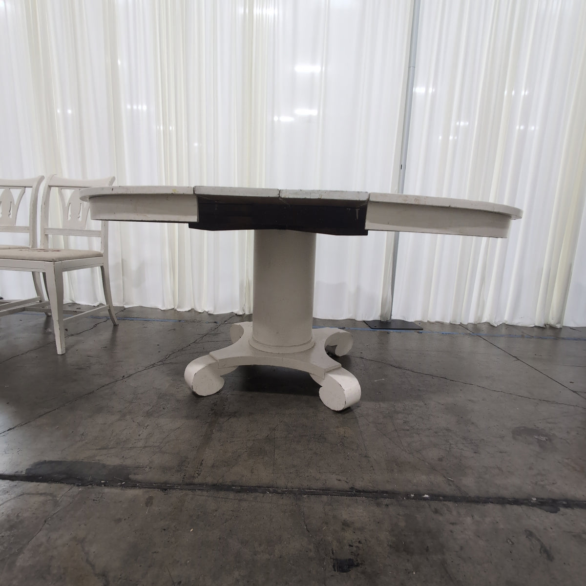 White Painted Wood Pedestal Dining Table with Leaves