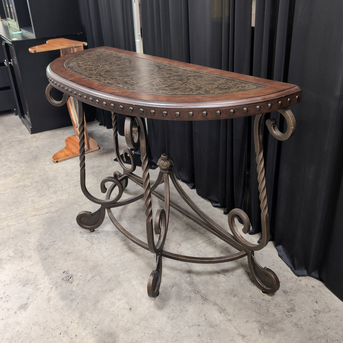 Demilune Dark Wood Console Table with Ornate Metal Base