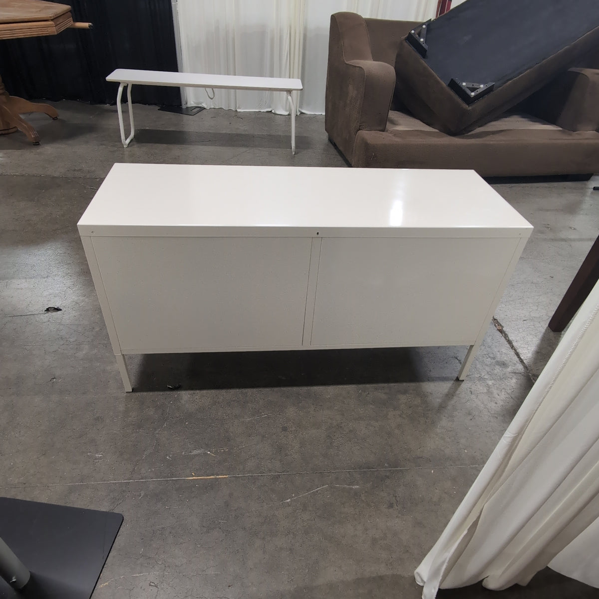 White Industrial Metal TV Stand with Locker Doors