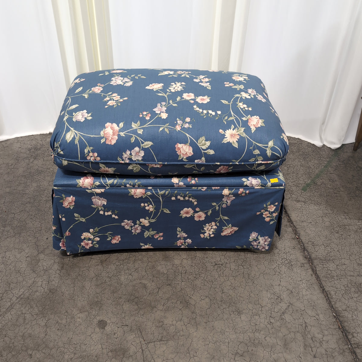 Blue Floral Fabric Ottoman with Skirted Base