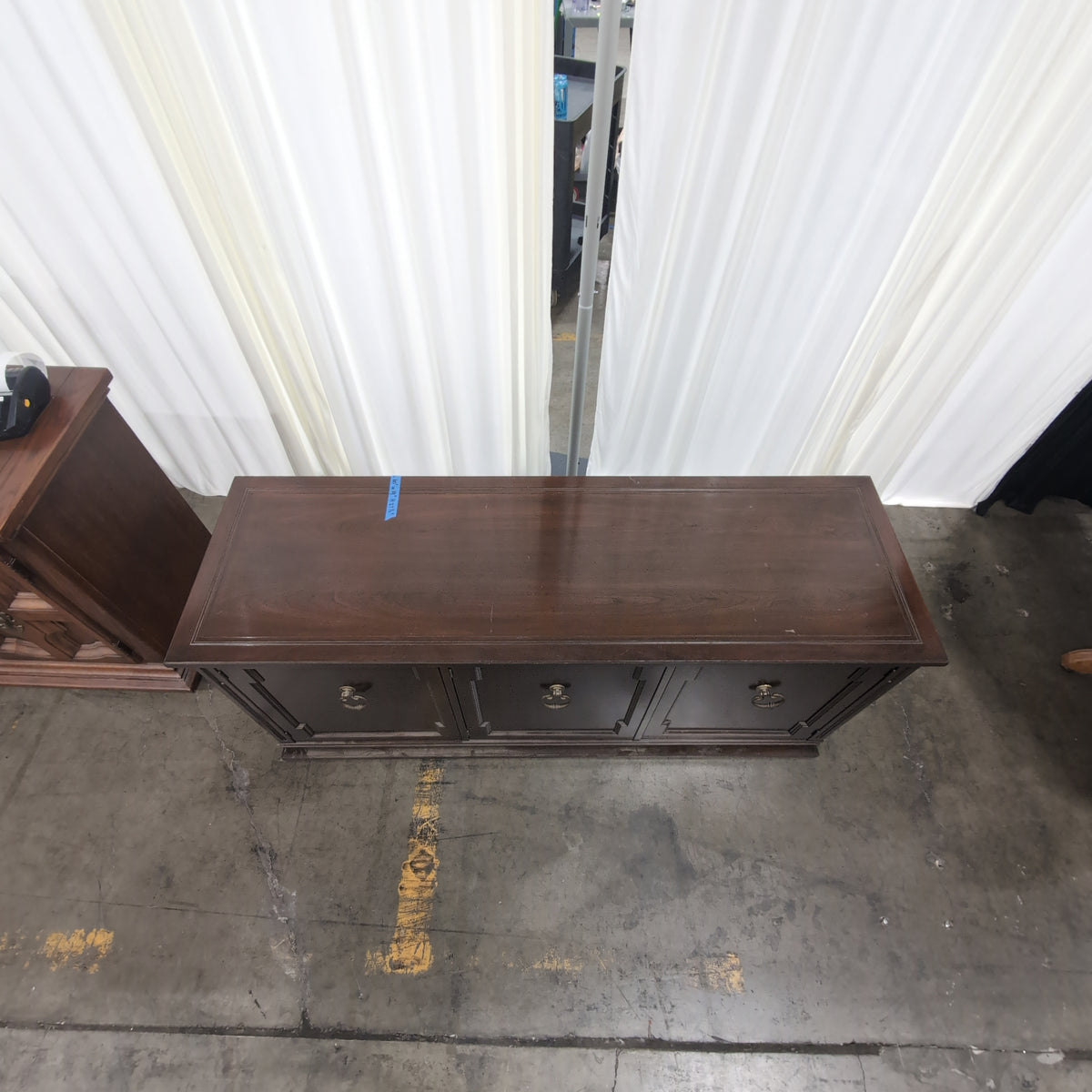 Dark Hardwood Three-Door Buffet with Ornate Pulls