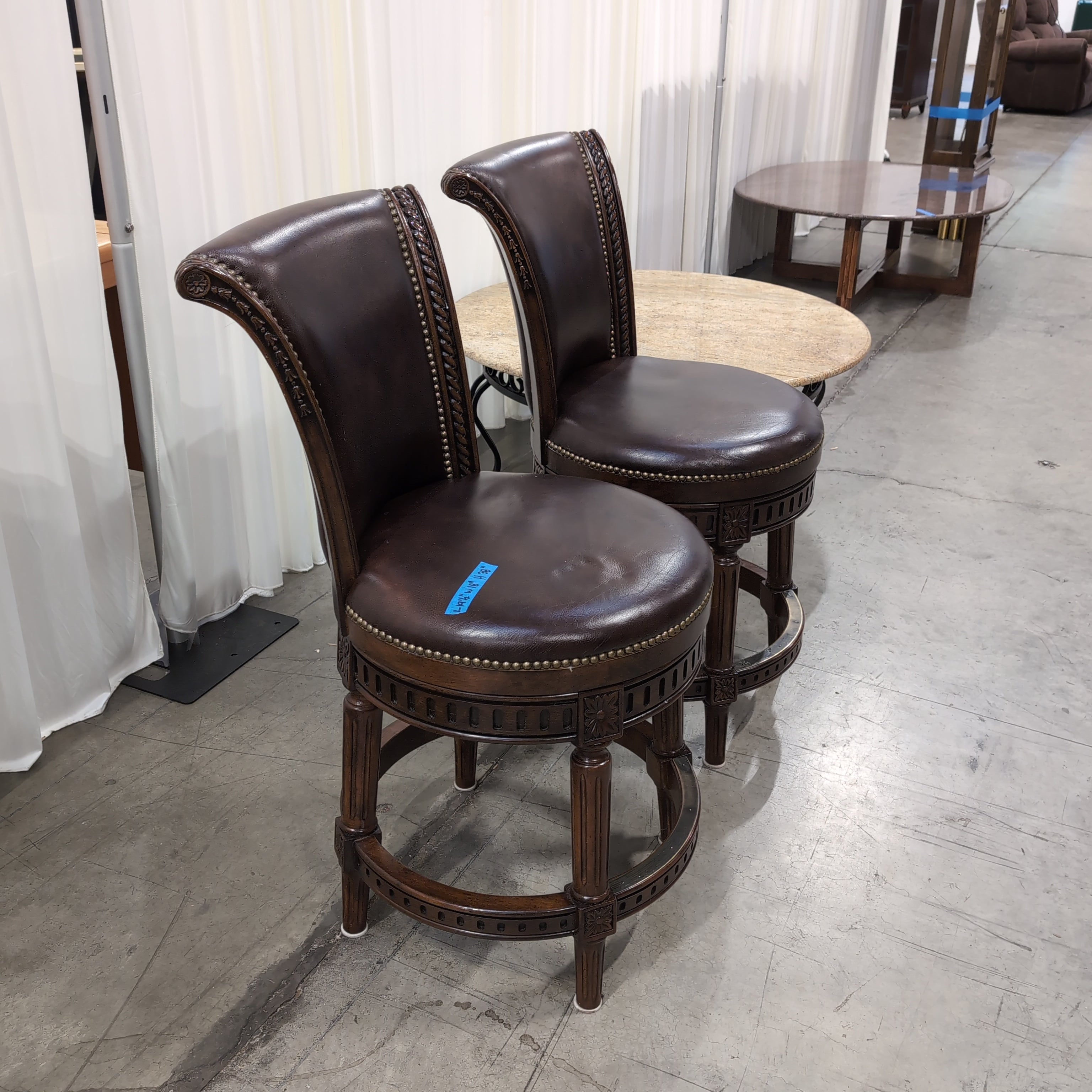 Pair of Dark Brown Upholstered Swivel Bar Stool with Nailhead Trim