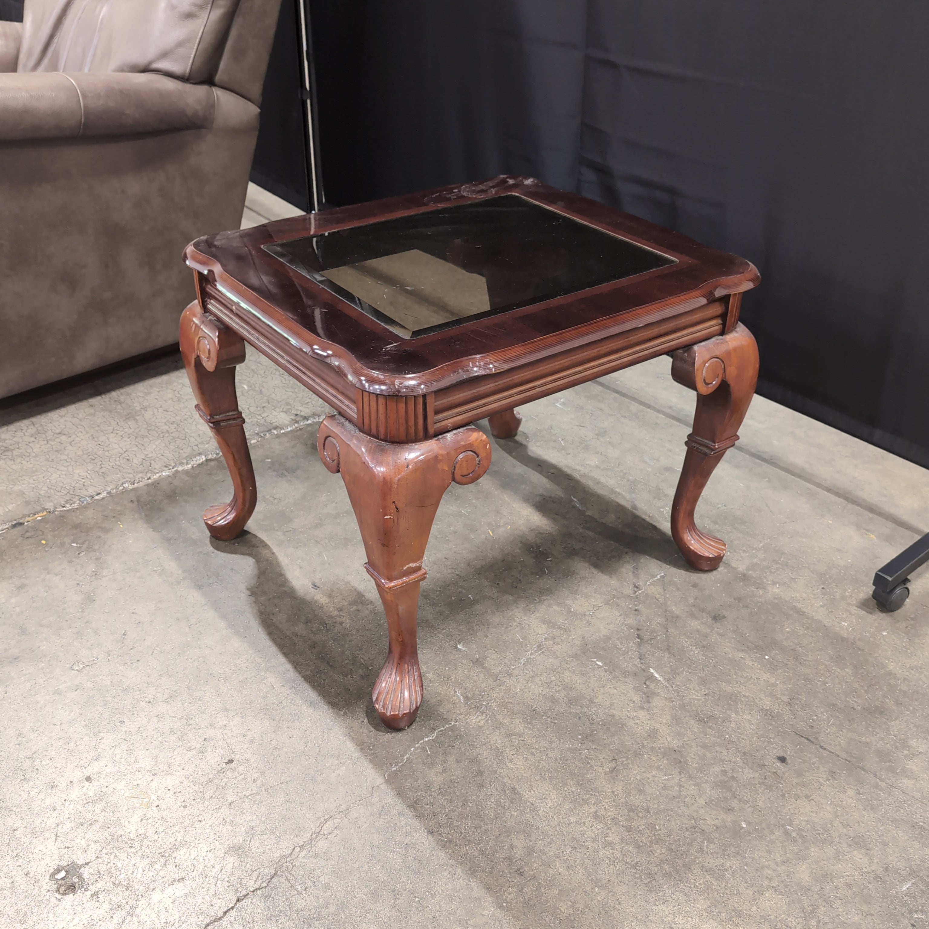 Dark Wood Traditional Square End Table with Glass Top
