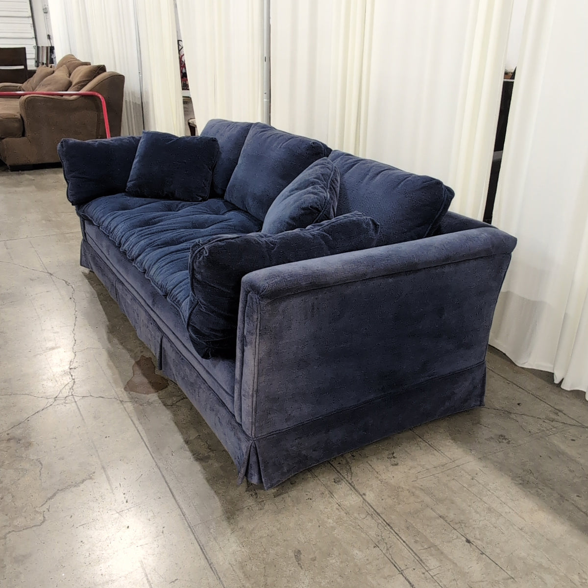 Deep Blue Tufted Skirted Couch in Velvet