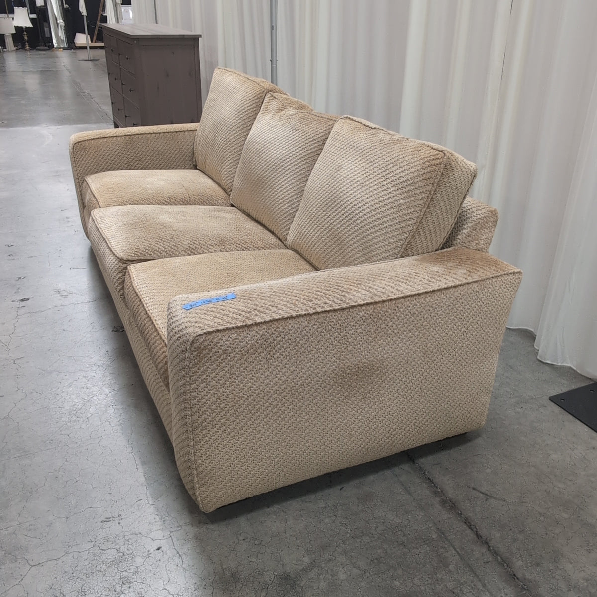 Classic Tan Upholstered Couch in Woven Fabric