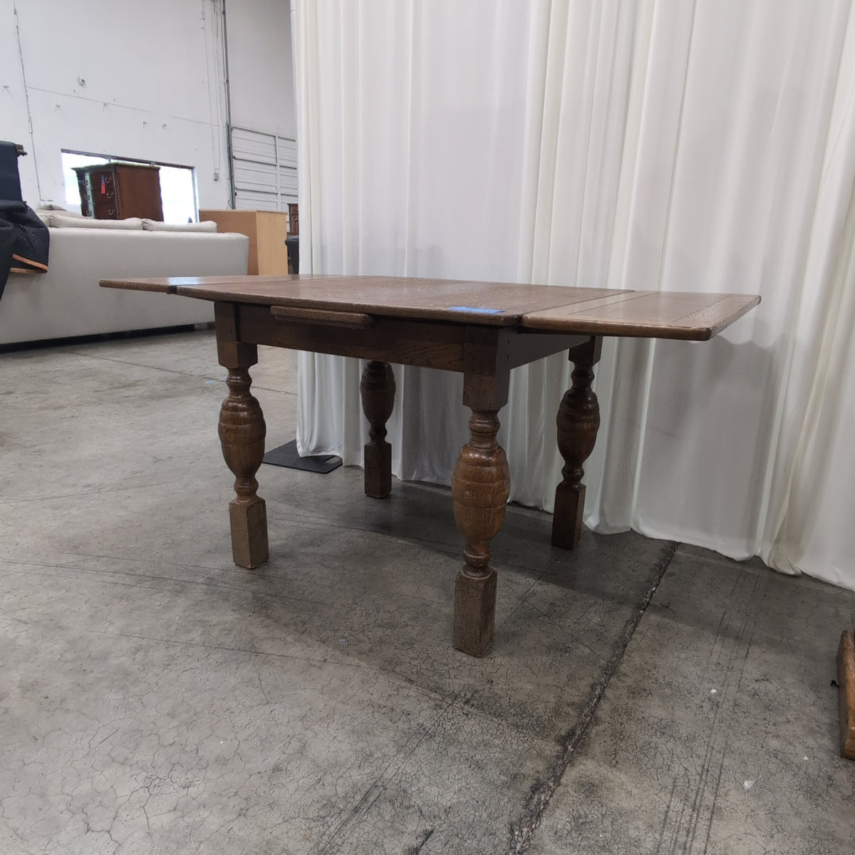 Brown Quarter Sawn Oak Drop-Leaf Dining Table with Turned Legs